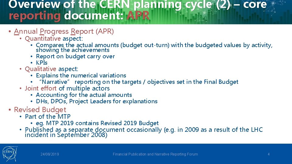 Overview of the CERN planning cycle (2) – core reporting document: APR • Annual