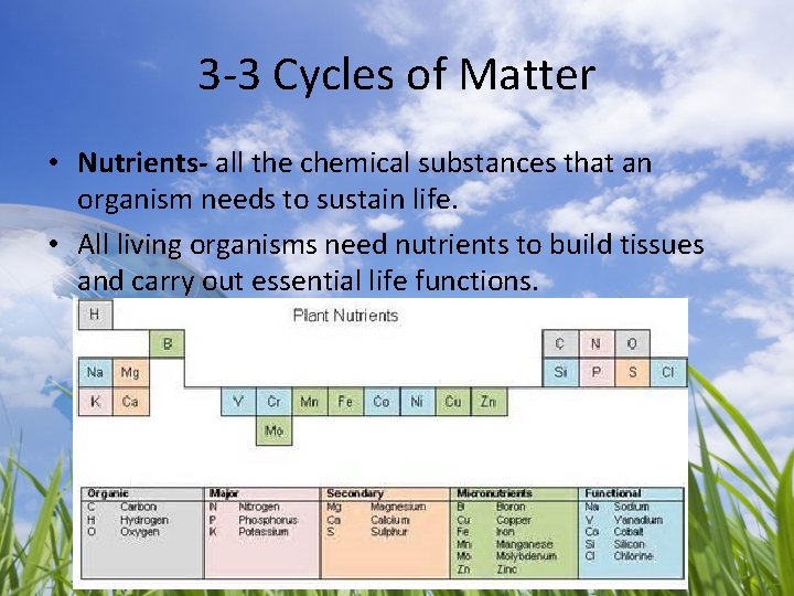 3 -3 Cycles of Matter • Nutrients- all the chemical substances that an organism