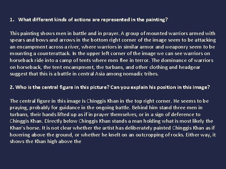 1. What different kinds of actions are represented in the painting? This painting shows