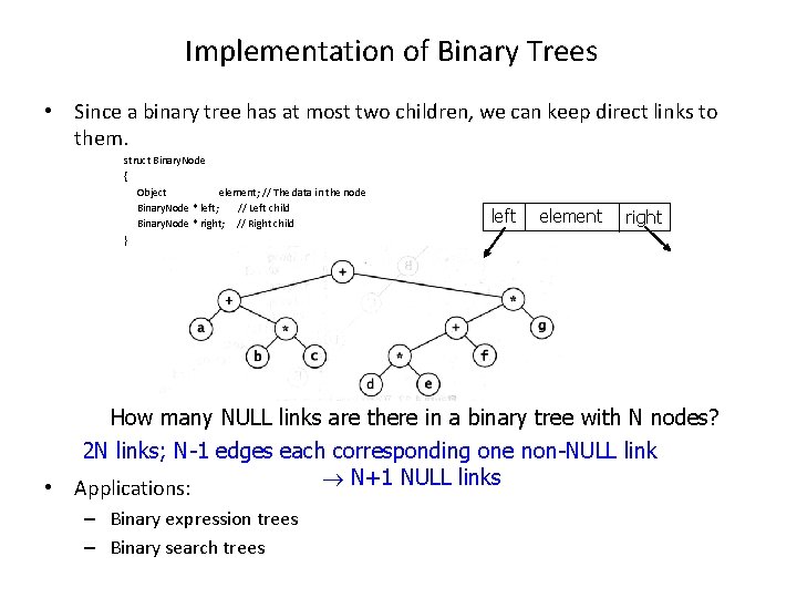 Implementation of Binary Trees • Since a binary tree has at most two children,
