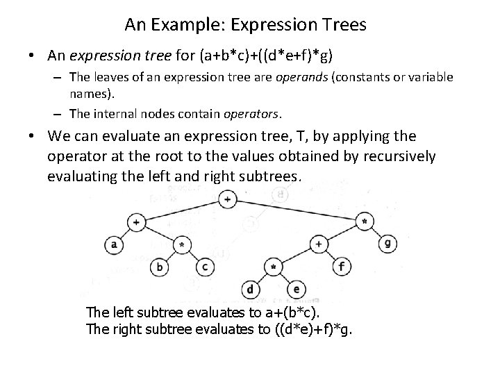An Example: Expression Trees • An expression tree for (a+b*c)+((d*e+f)*g) – The leaves of