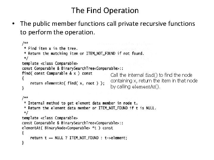 The Find Operation • The public member functions call private recursive functions to perform