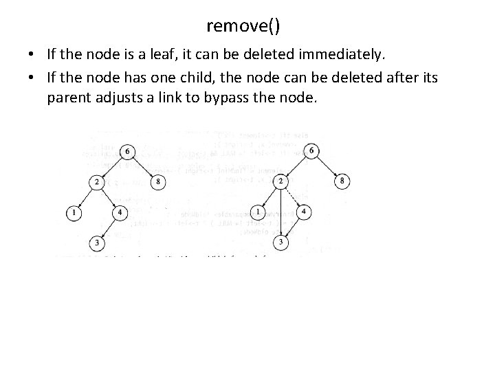 remove() • If the node is a leaf, it can be deleted immediately. •