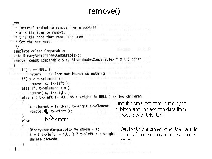 remove() t->element Find the smallest item in the right subtree and replace the data