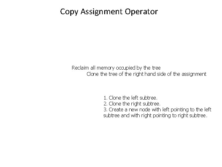 Copy Assignment Operator Reclaim all memory occupied by the tree Clone the tree of