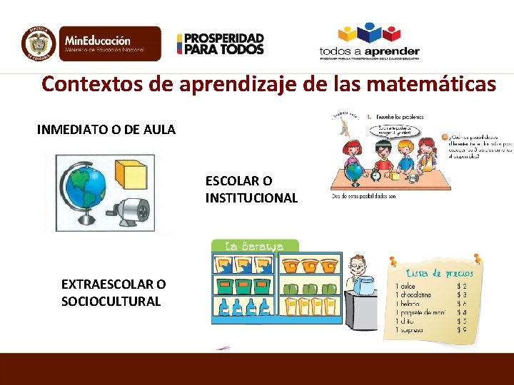 Contextos de aprendizaje de las matemáticas INMEDIATO O DE AULA ESCOLAR O INSTITUCIONAL EXTRAESCOLAR