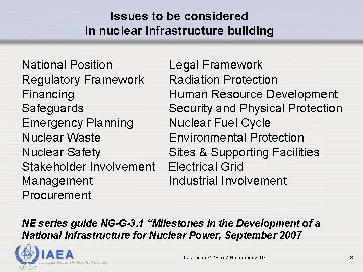 Issues to be considered in nuclear infrastructure building National Position Regulatory Framework Financing Safeguards