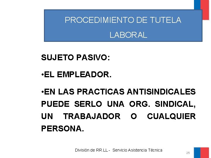 PROCEDIMIENTO DE TUTELA LABORAL SUJETO PASIVO: • EL EMPLEADOR. • EN LAS PRACTICAS ANTISINDICALES