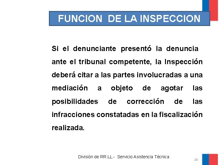 FUNCION DE LA INSPECCION Si el denunciante presentó la denuncia ante el tribunal competente,