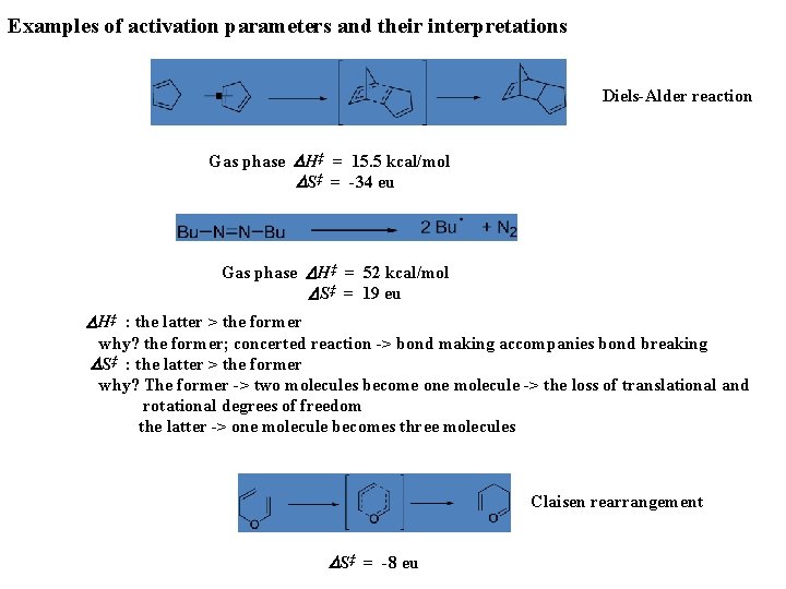 Examples of activation parameters and their interpretations Diels-Alder reaction Gas phase DH‡ = 15.