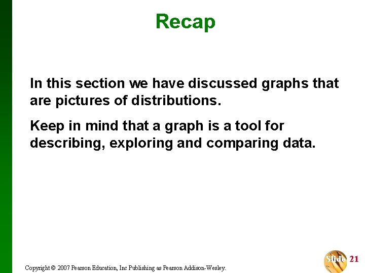 Recap In this section we have discussed graphs that are pictures of distributions. Keep