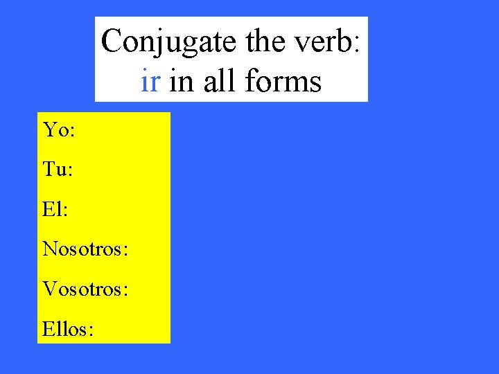 Conjugate the verb: ir in all forms Yo: Tu: El: Nosotros: Vosotros: Ellos: 