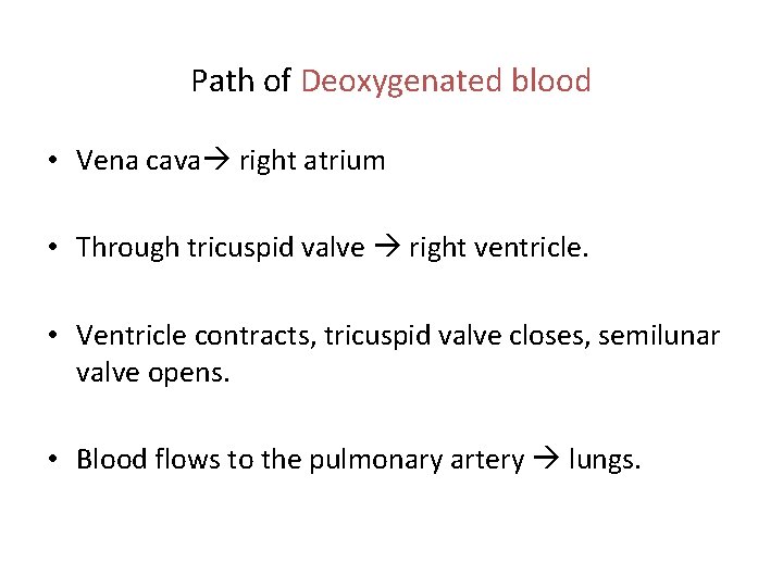 Path of Deoxygenated blood • Vena cava right atrium • Through tricuspid valve right