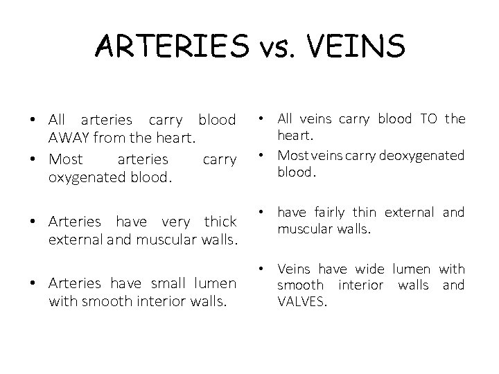 ARTERIES vs. VEINS • All arteries carry blood AWAY from the heart. • Most