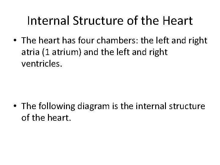 Internal Structure of the Heart • The heart has four chambers: the left and