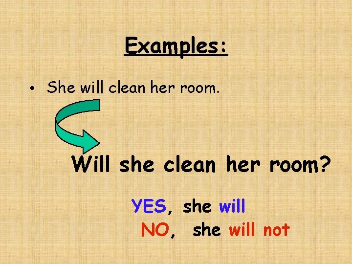 Examples: • She will clean her room. Will she clean her room? YES, she