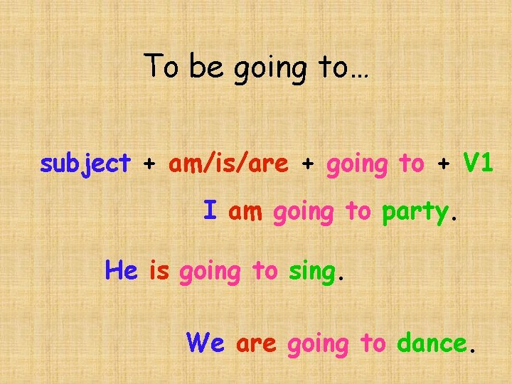 To be going to… subject + am/is/are + going to + V 1 I