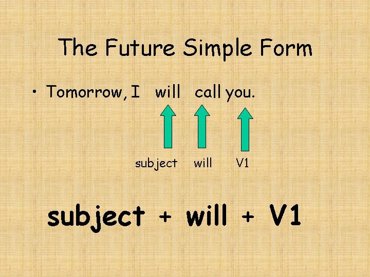 The Future Simple Form • Tomorrow, I will call you. subject will V 1