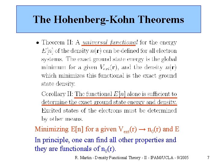 The Hohenberg-Kohn Theorems Minimizing E[n] for a given Vext(r) → n 0(r) and E