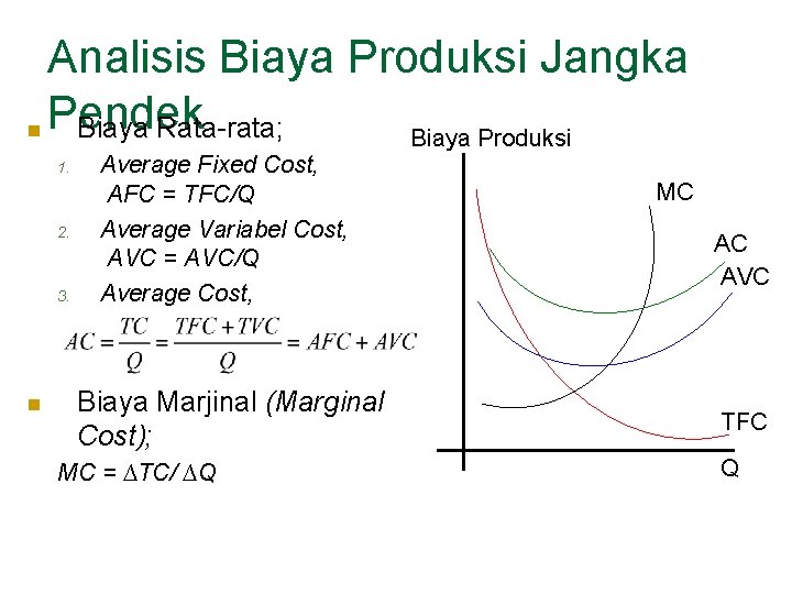 Analisis Biaya Produksi Jangka n Pendek Biaya Rata-rata; Biaya Produksi 1. 2. 3. n