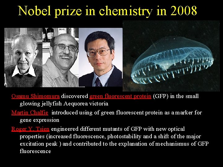 Nobel prize in chemistry in 2008 Osamu Shimomura discovered green fluorescent protein (GFP) in
