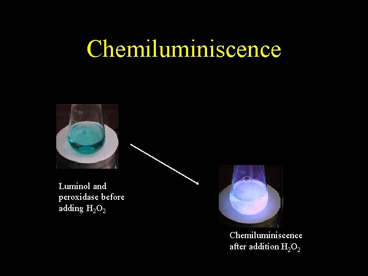 Chemiluminiscence Luminol and peroxidase before adding H 2 O 2 Chemiluminiscence after addition H