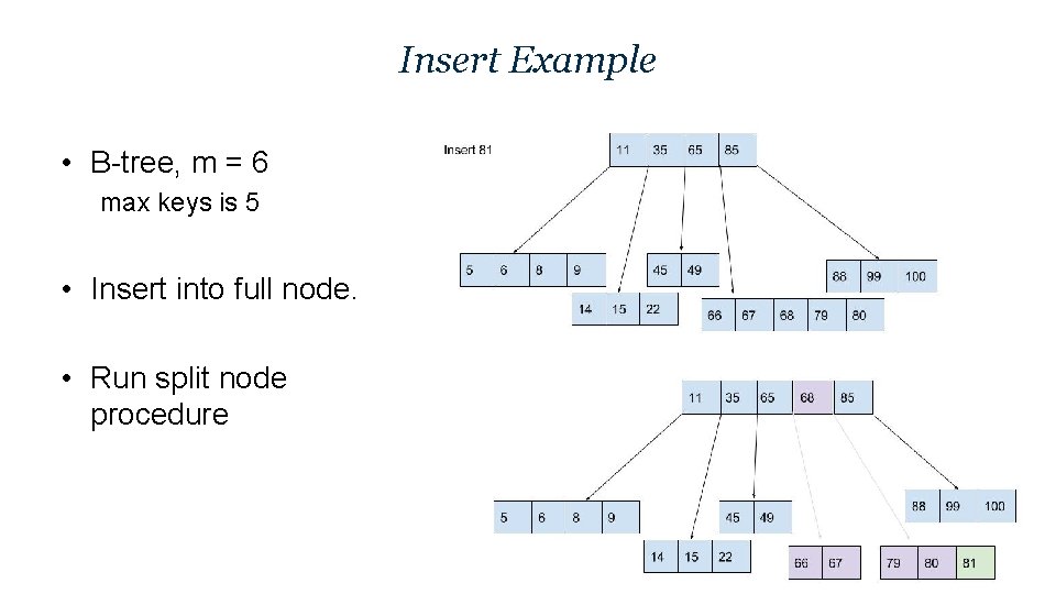 Insert Example • B-tree, m = 6 max keys is 5 • Insert into