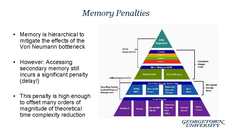 Memory Penalties • Memory is hierarchical to mitigate the effects of the Von Neumann