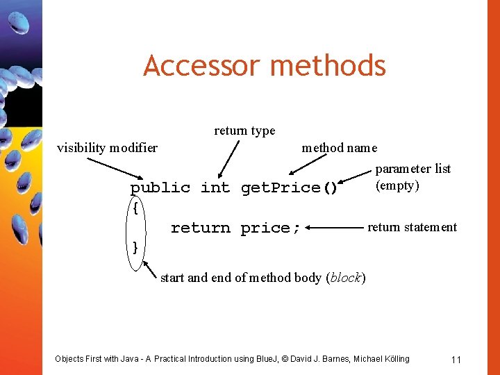 Accessor methods return type visibility modifier method name parameter list (empty) get. Price() public Accessor methods return type visibility modifier method name parameter list (empty) get. Price() public