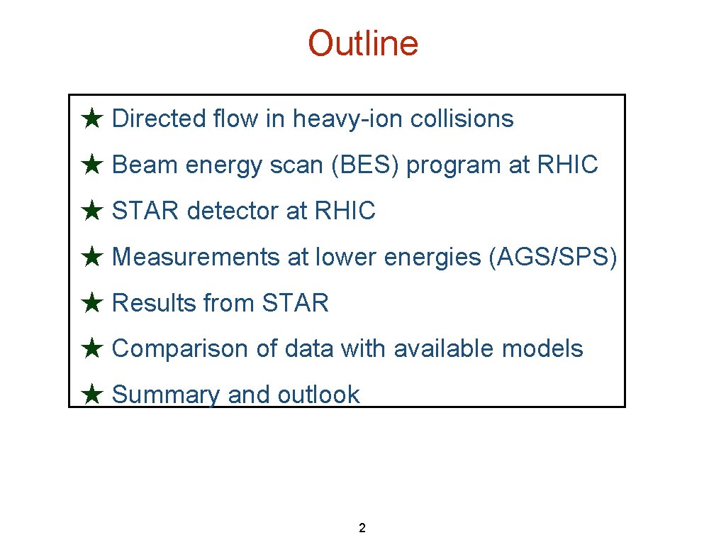 Outline ★ Directed flow in heavy-ion collisions ★ Beam energy scan (BES) program at Outline ★ Directed flow in heavy-ion collisions ★ Beam energy scan (BES) program at