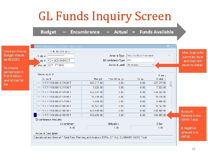 GL Funds Inquiry Screen Budget Selection Criteria: Budget should be REVISED. To choose period