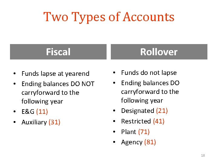 Two Types of Accounts Fiscal • Funds lapse at yearend • Ending balances DO