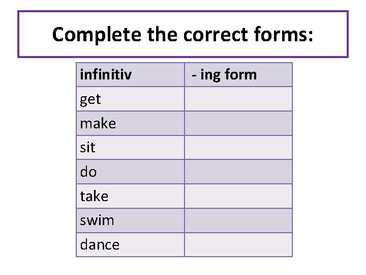 Complete the correct forms: infinitiv get make sit do take swim dance - ing