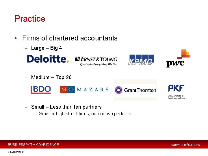 Practice • Firms of chartered accountants – Large – Big 4 – Medium –