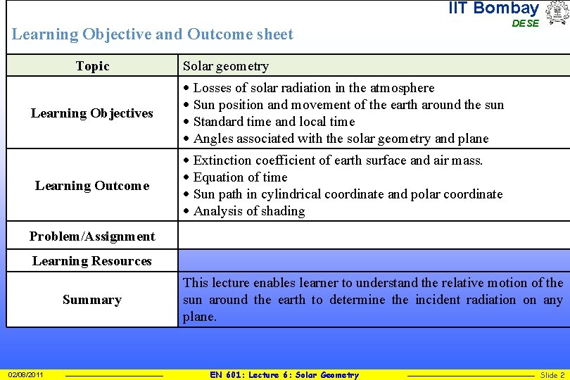 IIT Bombay Learning Objective and Outcome sheet Topic DESE Solar geometry Learning Objectives Losses