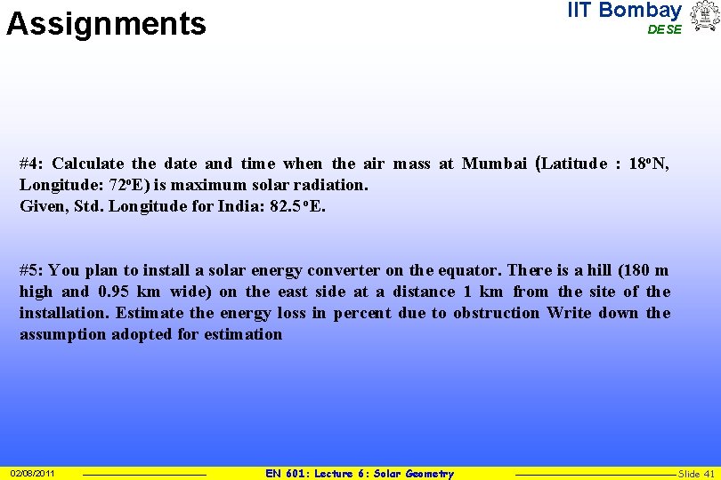 IIT Bombay Assignments DESE #4: Calculate the date and time when the air mass