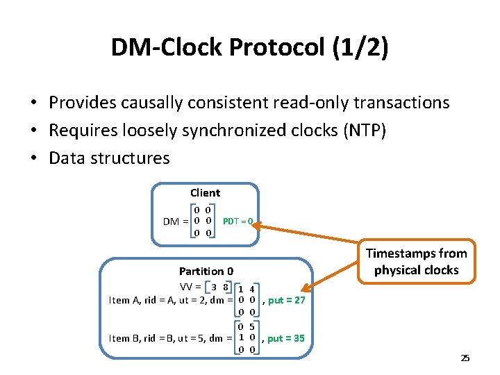 DM-Clock Protocol (1/2) • Provides causally consistent read-only transactions • Requires loosely synchronized clocks