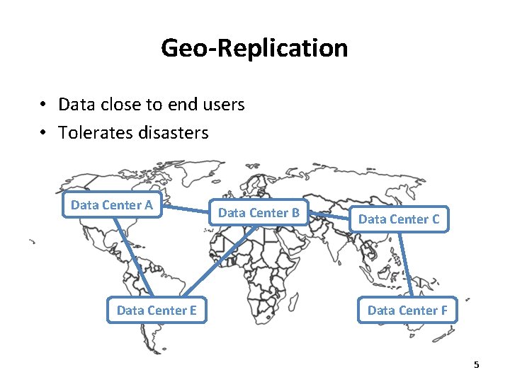Geo-Replication • Data close to end users • Tolerates disasters Data Center A Data