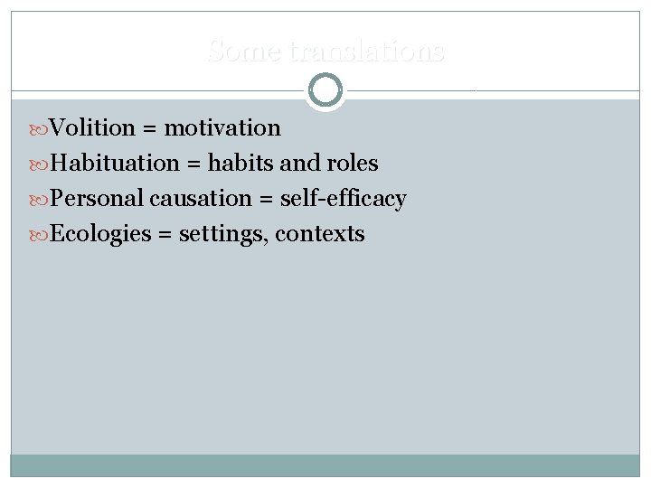 Some translations Volition = motivation Habituation = habits and roles Personal causation = self-efficacy Some translations Volition = motivation Habituation = habits and roles Personal causation = self-efficacy