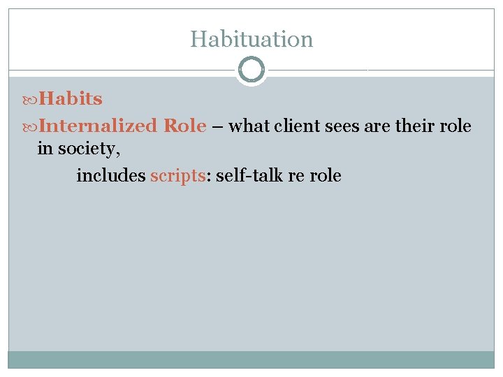 Habituation Habits Internalized Role – what client sees are their role in society, includes Habituation Habits Internalized Role – what client sees are their role in society, includes