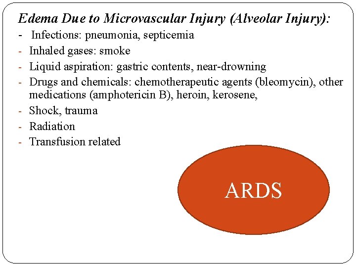 Edema Due to Microvascular Injury (Alveolar Injury): - Infections: pneumonia, septicemia - Inhaled gases:
