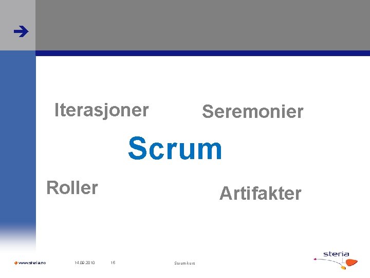  Iterasjoner Seremonier Scrum Roller www. steria. no 14. 09. 2010 Artifakter 15 Scrum-kurs
