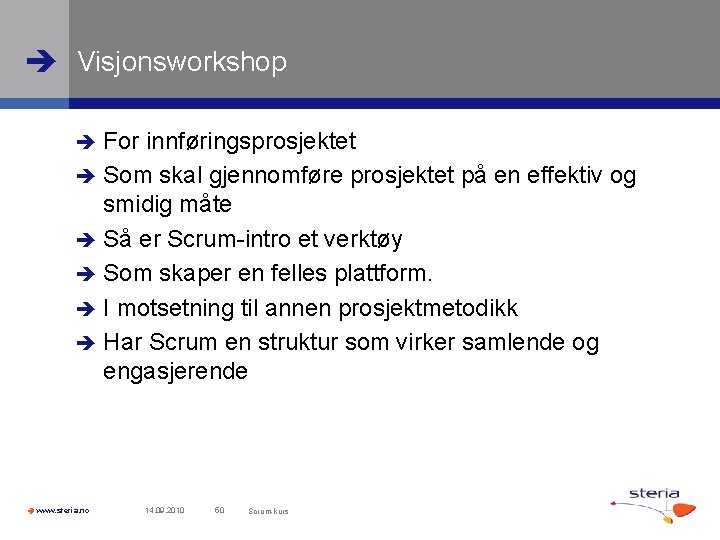  Visjonsworkshop For innføringsprosjektet Som skal gjennomføre prosjektet på en effektiv og smidig måte