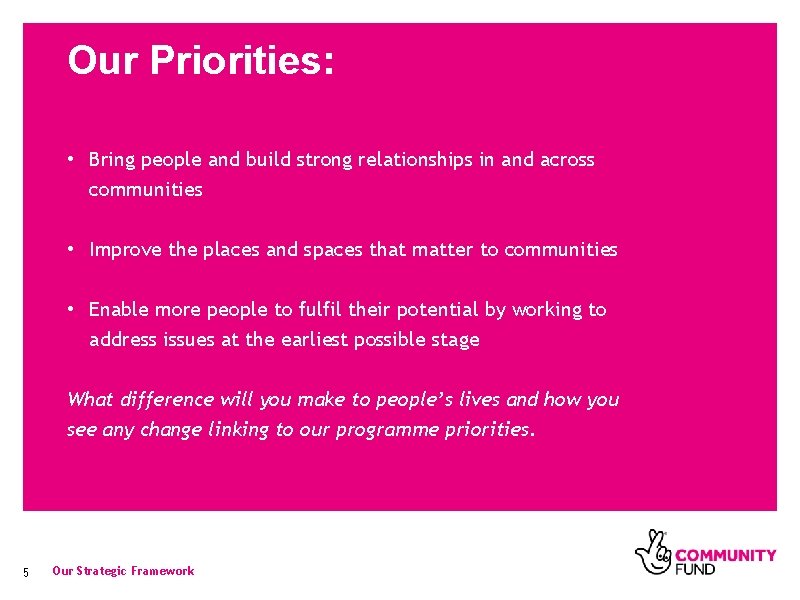 Our Priorities: • Bring people and build strong relationships in and across communities •