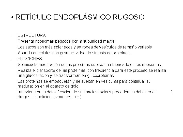  • RETÍCULO ENDOPLÁSMICO RUGOSO - - ESTRUCTURA Presenta ribosomas pegados por la subunidad