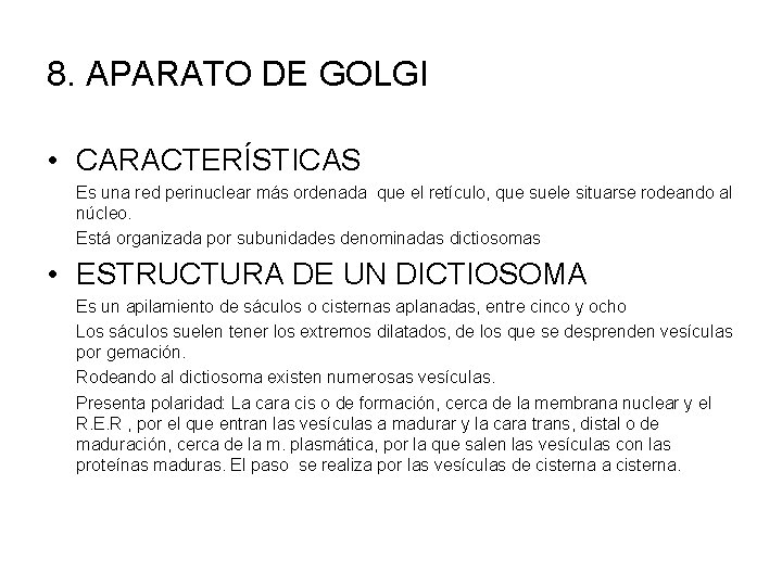 8. APARATO DE GOLGI • CARACTERÍSTICAS Es una red perinuclear más ordenada que el
