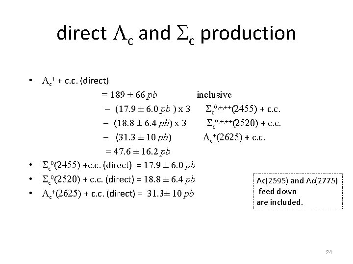 direct Lc and Sc production • Lc+ + c. c. (direct) = 189 ±