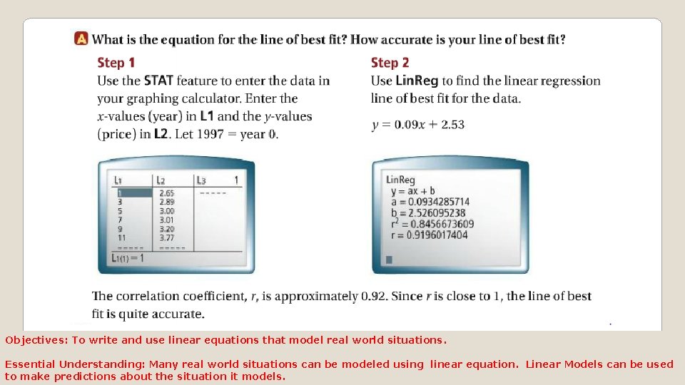 Objectives: To write and use linear equations that model real world situations. Essential Understanding: Objectives: To write and use linear equations that model real world situations. Essential Understanding: