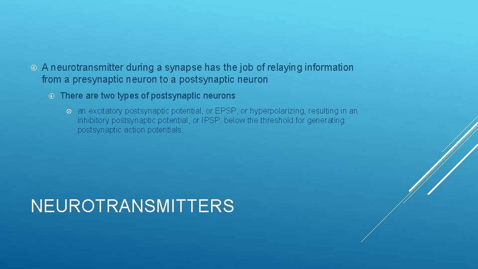  A neurotransmitter during a synapse has the job of relaying information from a