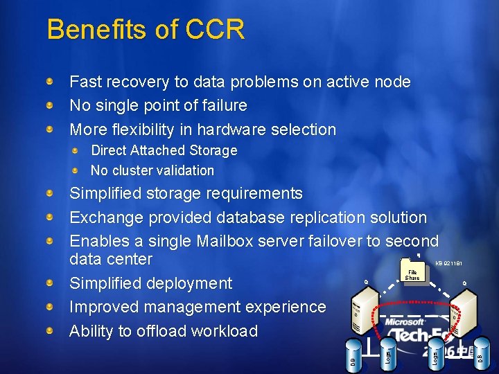 Benefits of CCR Fast recovery to data problems on active node No single point